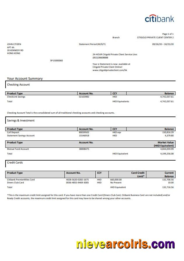 Hong Kong Citibank credit card statement